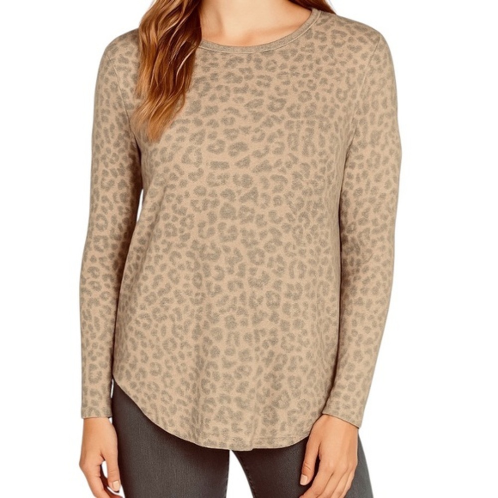Buffalo David Bitton Beige Leopard Print Cozy Ribbed Sleeve Knit Top L